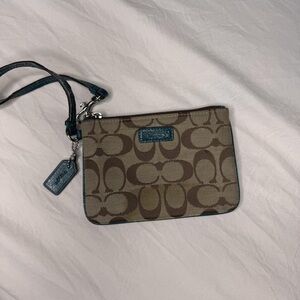 Coach Signature Pattern Wristlet with Teal Accents